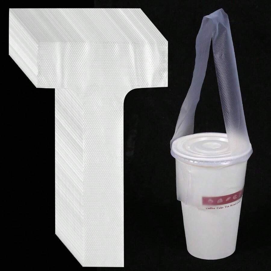 100Pcs Disposable Plastic Cup Holder Bags With Handles, T Type Pouches Clear Dr Carrier For Hanging Drs Coffee Milk Beverage Jui Cups Carrier Bag, 12.5x23cm - initial - View 1