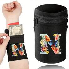 1件时尚字母印花轻便手机臂带口袋腕包/腕带/腕带口袋，适合旅行、散步、跑步、骑行和瑜伽。钱包袋可容纳现金、钥匙、卡片、身份证 - 圣诞节必备 - 黑色 - 查看 16