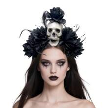Halloween Realistic Flower Headband, Dark Horror Skull Headpiece For Day Of The Dead Party Headwear