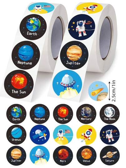500 piezas de pegatinas de garabatos de planetas espaciales vibrantes - Etiquetas de papel coloridas de 1 pulgada, adecuadas para scrapbooking, recuerdos de fiesta, decoración de útiles de oficina, manualidades DIY y etiquetas de regalo, para útiles escolares, de vuelta a la escuela