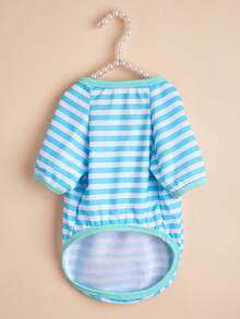 休闲时尚斗牛犬新款中小型宠物狗 T 恤，条纹圆领，春夏季 - 藍白色 - 查看 5