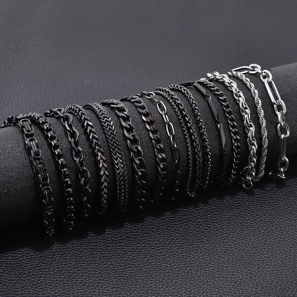 12pcs Stainless Steel Bracelets For Men, Personalized Cuban Chain Bracelet Set, Minimalist & Fashionable, Suitable For Daily Wear