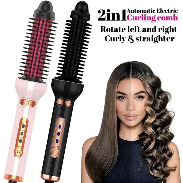 Fer à friser professionnel auto-enroulant, boucleur de cheveux en céramique à la tourmaline, fer à friser double tension, rotatif dans les deux sens. Convient pour créer de grandes boucles ondulées, des boucles rentrantes pour cheveux courts, des cheveux lisses et volumineux. Peigne chauffant multifonction portable, cadeau de rentrée scolaire