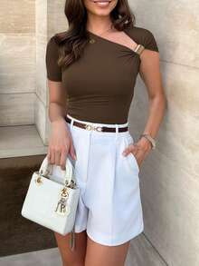 Elegant Asymmetrical Right Shoulder Metal Buckle Ruched Solid Color T-Shirt, Going Out Top - Brown - View 3