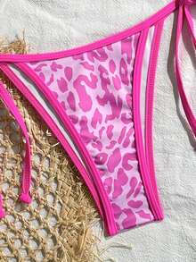 Women's Backless Leopard Print Patchwork Bikini Set (Top And Bottom), Casual Summer - Hot Pink - View 6