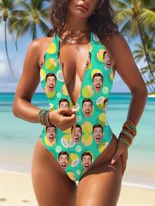 1pc Customized Women's Swimsuit, Personalized Face Print, Zipper Strap Backless Swimwear, High Waist Sleeveless Sexy Swimsuit, Youthful Style, Suitable For Pool, Beach, Holiday - Green - View 13