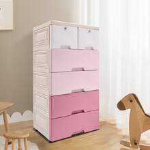 CNCEST Modern 6-Drawer Plastic Storage Cabinet Dresser Organizer | Sturdy Closet Drawers With Locks & Wheels | Tall Dresser Organizer For Bedroom, Kids Room (Gradient Blue/White/Gradient Pink) - 粉紅和白色 - 查看 7