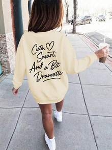 长袖圆领套头衫，带有“可爱、聪明、有点戏剧性”的印花图案，为青少年女孩提供舒适、时尚、休闲的秋冬季新款上衣 - 杏色 - 查看 7