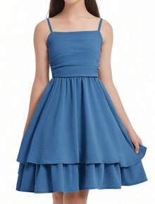 EXARUS Girls Flowy Ruffled Hem/Puff Bubble Dress Teen Ruched Summer Adjustable Spaghetti Strap Casual Cami Mini Dresses - Màu xanh hải quân - Xem 2