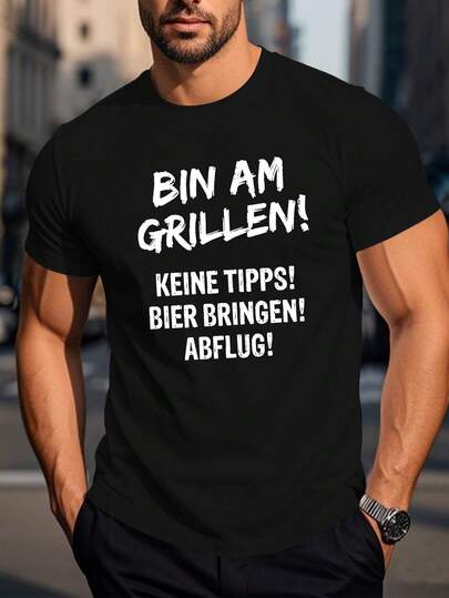 Camiseta gráfica de humor alemán divertida para hombres - Negra con texto blanco "Bin am Grillen!" Camiseta de Fiesta de Parrilla BBQ, Ligera de Verano de Manga Corta y Cuello Redondo, Lavable a Máquina, Camiseta de Cerveza