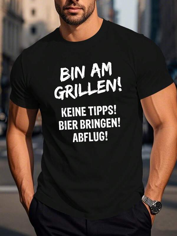 Camiseta gráfica de humor alemán divertida para hombres - Negra con texto blanco "Bin am Grillen!" Camiseta de Fiesta de Parrilla BBQ, Ligera de Verano de Manga Corta y Cuello Redondo, Lavable a Máquina, Camiseta de Cerveza