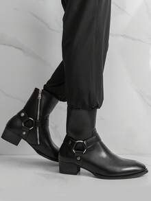 Men's Western Style Side Zipper Motorcycle Boots, Chunky Heel Boots - Black - View 10