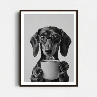 1pc Frameless Dachshund Sipping Coffee Art Print, Black & White Dog Poster With Mug, Coffee Lover Kitchen Decor, Whimsical Pet Gift For Dog Owners, Dorm Room Decor