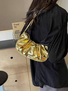 Solid Color, Metallic Shimmery, Ruffle Cloud, Fashionable Vacation Holiday Collegiate Shoulder Crossbody Bag For Women - Gold - View 2