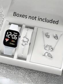 6 Stücke/Set LED Liebesuhr + Legierungs-Diamant Schmuckset mit kleinem Schmetterling/Schleierkraut/Herz/Schleife/Krone, bestehend aus Halskette, Armband, Ohrstecker, Ring, geeignet für den täglichen Gebrauch, schlicht und elegant, die beste Wahl für Halloween, Weihnachten, Valentinstag, Muttertag, Urlaubsgeschenke