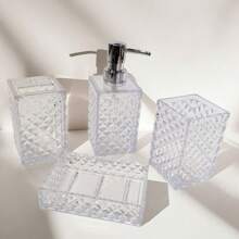 4 pezzi Set di accessori da bagno eleganti blu geometrici - Comprende dispenser per sapone, porta spazzolino, bicchiere per spazzolino, bottiglia per lozione e scatola colorata - Perfetto come regalo di inaugurazione della casa, set di decorazione per il bagno | Decorazione bagno moderna | Organizer da bagno con finitura lucida in scatola regalo