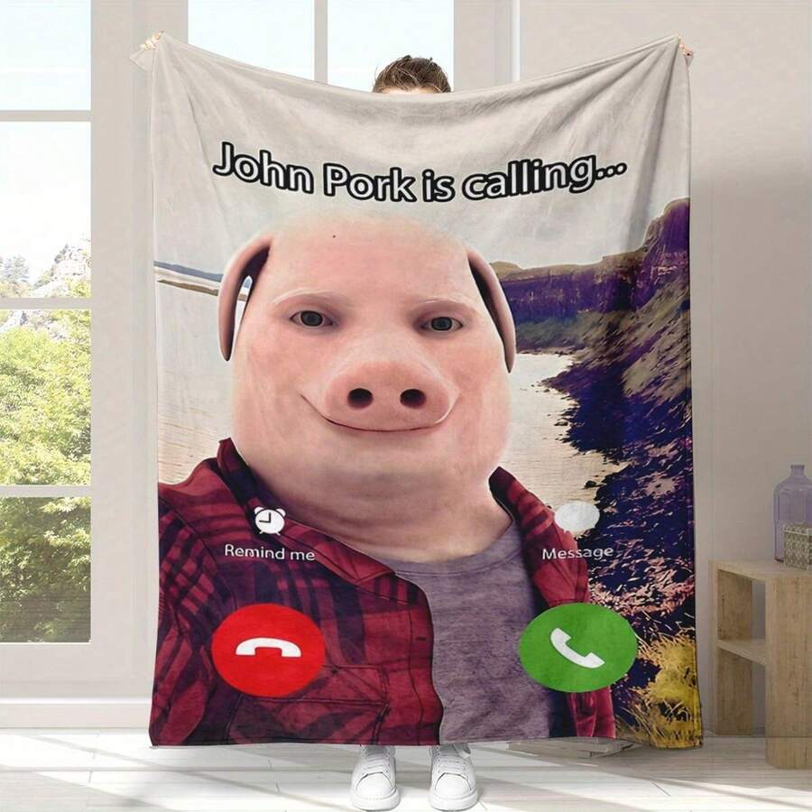「John Pork Is Calling」法蘭絨毯-可愛豬圖案,豬裝飾 - 彩色 - 查看 1