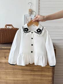 1pc Girls' Peter Pan Collar Floral Print Button Down Shirt, Cute & Sweet, Casual & Versatile - White - View 1