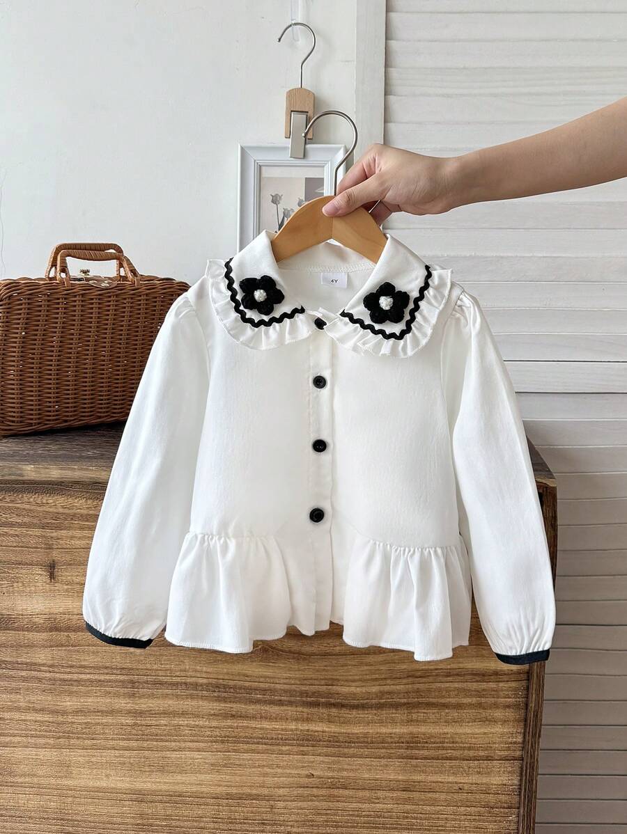 1pc Girls' Peter Pan Collar Floral Print Button Down Shirt, Cute & Sweet, Casual & Versatile - White - View 1