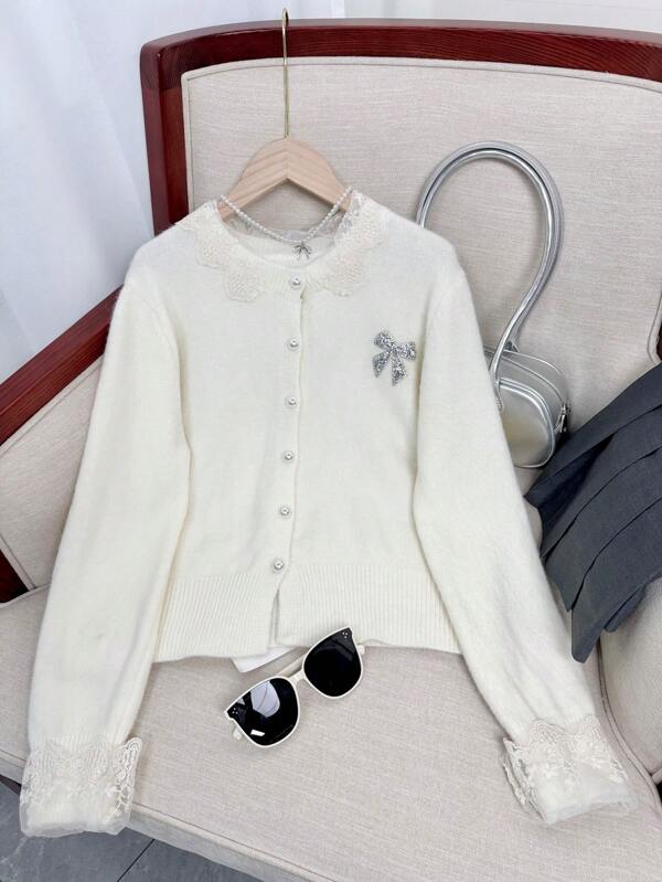Wixra French Sweet Lace Cardigan, Bow & Rhinestone Decor, Floral Splice Single-Breasted Knit Top, Elegant Sweater For Women