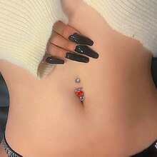 1 个不锈钢弓形爱心水晶肚脐环，时尚肚脐穿孔，适合女性日常佩戴和情人节礼物。 - 紅色 - 查看 3