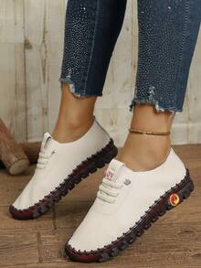 Women's Fashion Outdoor Rubber Sole Lace-Up Low-Top Soft Leather Flat Shoes - Beige - View 2