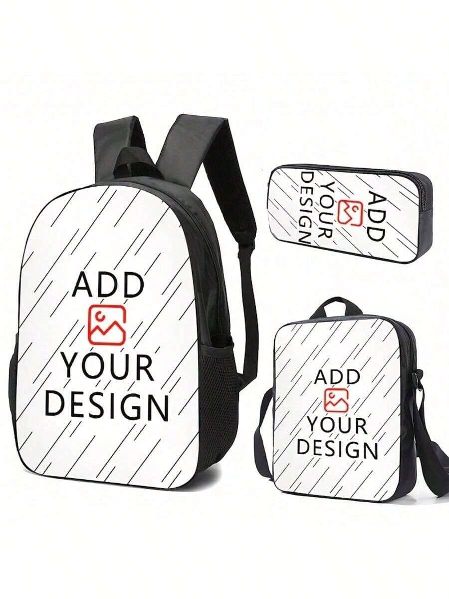 3-Piece Customized Bag Set, Including Backpack, Shoulder Bag, And Pouch - Use Your Own Image Or Text Design, Lightweight, Adjustable Strap, Zipper Closure, Unisex, Suitable For Daily Commute, School, Travel, Work, Mother's Day, Halloween, Christmas, Easter, Wedding, Father's Day, Thanksgiving, New Year, Valentine's Day - Multicolor - View 1