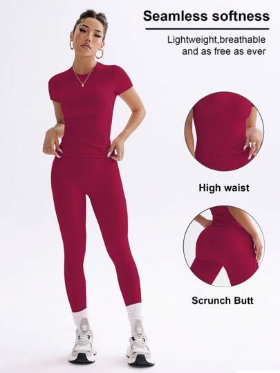 FWH Youthful Campus Fitness Cute Solid Color Top, Spring-Summer Stretchy Fitted Round Neck Sweet Fashion Versatile Outerwear Elegant High-Waisted Tight Casual Tummy Control Everyday Basic Dance Leg-Lengthening Butt-Lifting Street Running Yoga Two Pieces Set