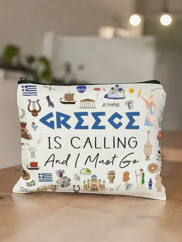 Griechisches Kosmetiktasche - Leichte faltbare Kulturtasche, lustiges griechisches Kunst- und "Griechenland Calling"-Muster, Reißverschluss, trägerloses Design, Must-Have für Unisex, sichere Reißverschlusstasche mit kulturellem Grafikdesign, strapazierfähiges Material, Muss-have-haben für Urlaub, häufige Reisende, unverzichtbar für Postboten, Kosmetikaufbewahrungstasche