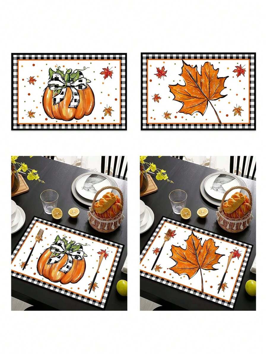 1pc/2pcs/4pcs/600pcs Thanksgiving Pumpkin & Maple Leaf Polyester Placemats - White Base With Black & White Bordered Frame, Paired With Orange Pumpkin And Maple Leaf Patterns, Accentuating Autumn Colors And Holiday Ambiance, Suitable For Thanksgiving Gatherings, Home Dining, Kitchen Decor And More - Multicolor - View 1