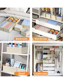 1/3/6/9 Pcs Set Minimalist Foldable Fabric Storage Boxes, Wardrobe/Dresser Drawer Organizers, Storage Baskets, Bra Underwear Organizer Boxes, Solid Color Storage Containers - Beige - View 5
