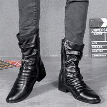 Men`S Steampunk Gothic Rivet Motorcycle PU Faux Leather Cowboy Boots Rock Black Rider Concerts Night Club Halloween Boots With Studs Shoes - 黑色 - 查看 2