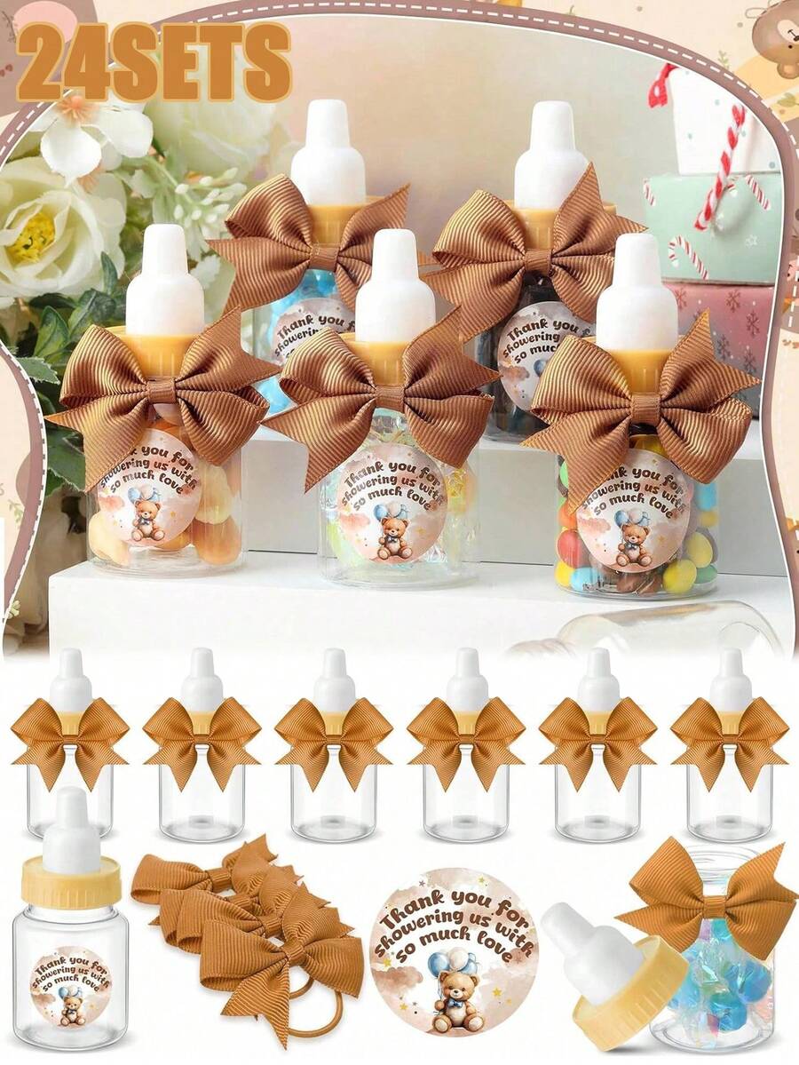 24 套 3.5 英寸迷你婴儿奶瓶，用于婴儿洗澡派对礼品游戏塑料奶瓶，附有感谢洗澡贴纸和蝴蝶结，感谢客人礼物糖果装饰 - 棕色 - 查看 1