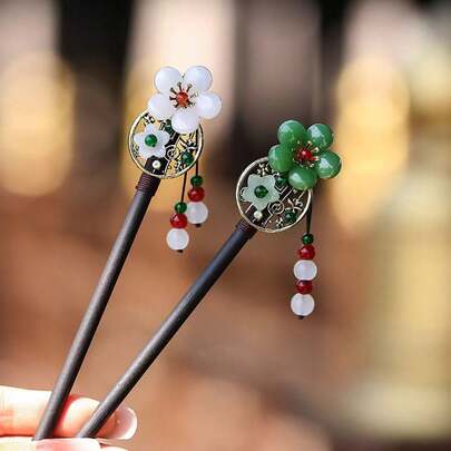 2个复古仿乌木花朵流苏发簪，中国风汉服发饰，新款东方发夹，头饰，发髻延长发饰，发型发簪