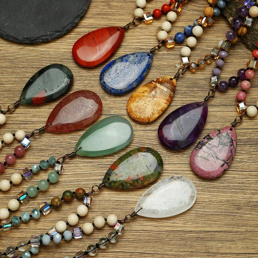 A beautiful natural stone square crystal beaded necklace
