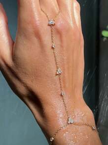 1pc Copper Zirconia Crystal Flower Ring Linked Finger Chain Hand Harness, Elegant For Daily Wear, Party, Wedding