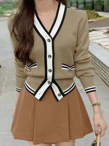 撞色前袋落肩短款开衫 - 卡其色 - 查看 5