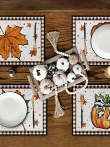 1pc/2pcs/4pcs/600pcs Thanksgiving Pumpkin & Maple Leaf Polyester Placemats - White Base With Black & White Bordered Frame, Paired With Orange Pumpkin And Maple Leaf Patterns, Accentuating Autumn Colors And Holiday Ambiance, Suitable For Thanksgiving Gatherings, Home Dining, Kitchen Decor And More - Multicolor - View 6