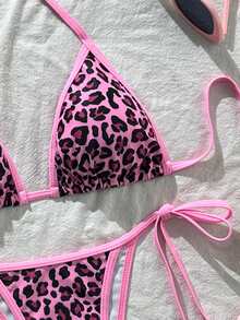 Women's Backless Leopard Print Patchwork Bikini Set (Top And Bottom), Casual Summer - Dark Pink - View 3