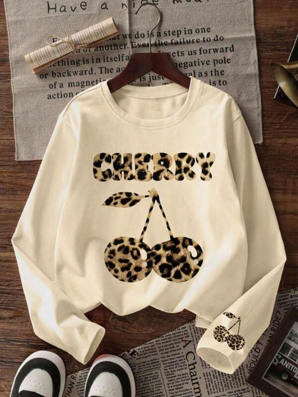 1pc Tween Girls' Casual Cherry Print Long Sleeve T-Shirt, Spring/Autumn, Fashionable, Warm And Comfortable Design For Young Students And Teenagers