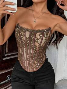 JSE Sexy Elegant Solid & Floral Print Mature Charm - Áo corset hở lưng với viền ren xếp nếp duyên dáng, kiểu dáng ôm sát, cài khuy bấm. - màu nâu - Xem 2