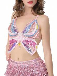 Woms Glitter Sequin Crop Top Low-Cut Top Rave Tube Vest Top Belly Dance Costume Outfits - 金色&藍色&粉紅色蝴蝶 - 查看 3