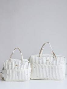 1 件可爱刺绣妈咪包、单肩斜挎包、大容量手提包、旅行收纳包 - 米色星星月亮 - 查看 7