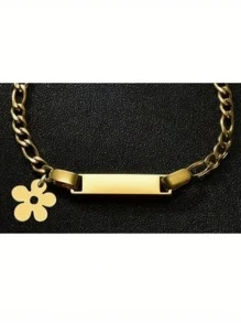 1pc Custom Engravable Girls Bracelet - 18K Gold Plated Plated Stainless Steel Cute Car & Flower Charms With Personalized Name Plate, Durable Everyday Jewelry Gift For Ages 3-17,Back To School Season