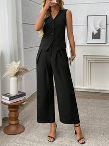 Elegantes, vielseitiges Damen-Anzug-Set: Weste, Weste, Hose, einfarbiger Outfit mit Fake-Tasche, geeignet für Pendeln, Strand, Abenddate, Hochzeit, Schule, Büro, Alltag, Bühnenaufführung, Reisen, Frühling/Sommer/Herbst