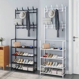 1 pieza Organizador de estantería para zapatos con 4/5 niveles de estantes y 8 ganchos - Ahorro de espacio para entrada, armario, muebles de apartamento - Fácil montaje, construcción de metal/plástico resistente - Sostiene zapatos, botas, sombreros, bolsos - Adecuado para hogar, oficina, almacenamiento de zapatos minorista, organización de armario, diseño compacto, materiales de alta calidad, estantes multinivel, vida en espacios pequeños