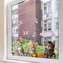 1 pieza Pegatina de ventana con gato de dibujos animados y mariposa, decoración encantadora para la cocina/baño, decoración del hogar, decoración de pared, pegatinas de pared, decoración de la sala de estar