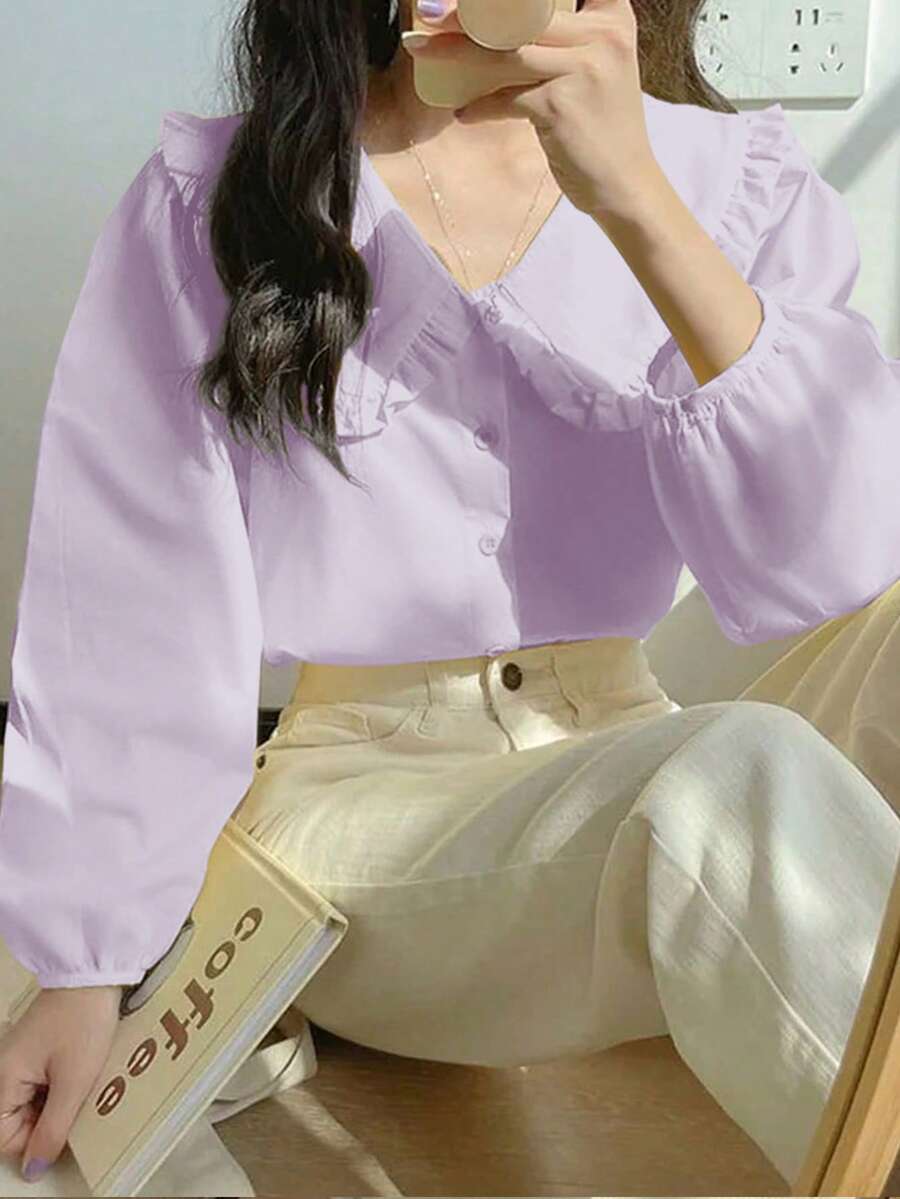 Women's Casual Elegant Collar Blouse, Spring/Summer - Purple - View 1