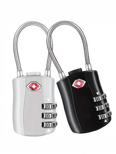 2pcs TSA Approved Combination Lock Set - Heavy Duty Zinc Alloy Body And Cut-Resistant Steel Cable, 3-Digit Password Lock For Travel Luggage, Gym Lockers, Bicycles (Black), Travel Security Accessory | Multipurpose Travel Lock | Durable Combination Lock, Luggage Lock