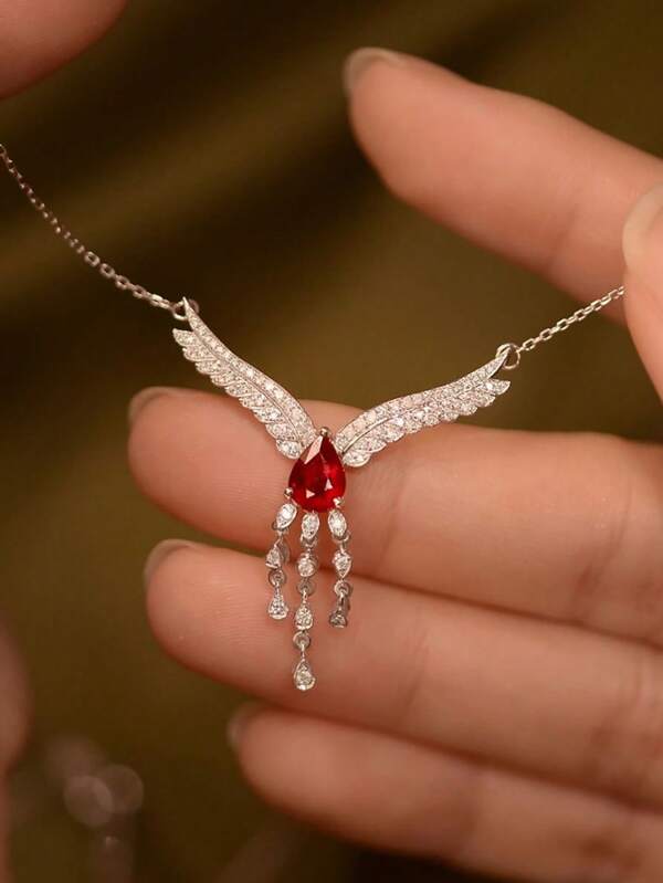 1pc Pigeon Blood Red Gemstone Necklace, Angel Wings Pendant Necklace, Luxury Delicate Clavicle Chain, Suitable For Women's Daily, Festival, Party Wear, Birthday Gift
